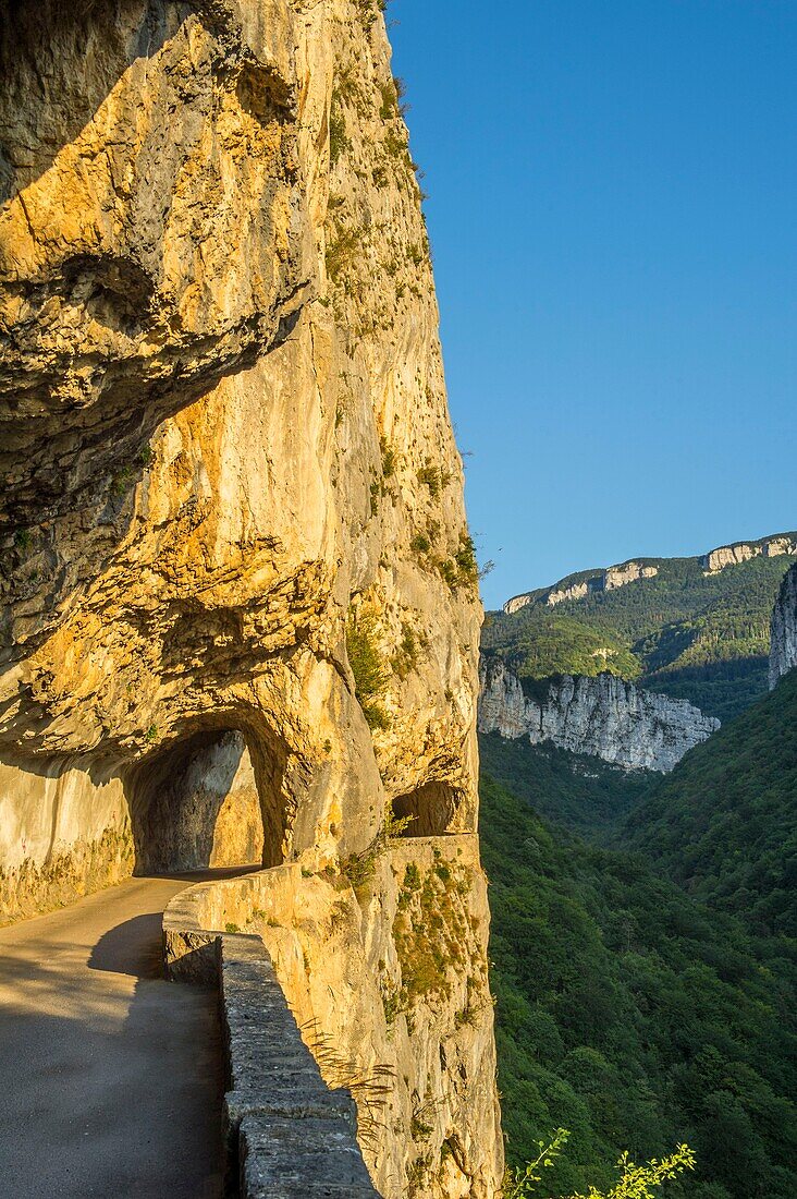 Frankreich, Isere, Massif du Vercors, Regionaler Naturpark, die atemberaubende Straße der Nan-Schluchten bei Sonnenuntergang