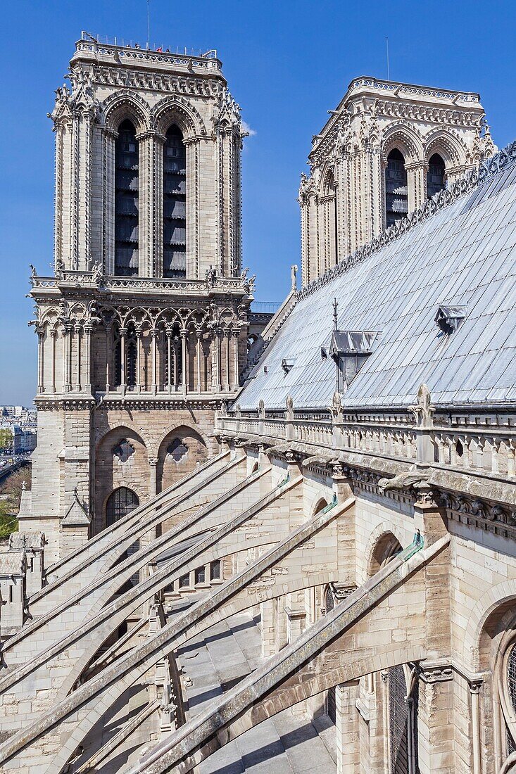 Frankreich, Paris, Weltkulturerbe der UNESCO, Kathedrale Notre-Dame auf der Stadtinsel, die Glockentürme und die fliegenden Strebepfeiler