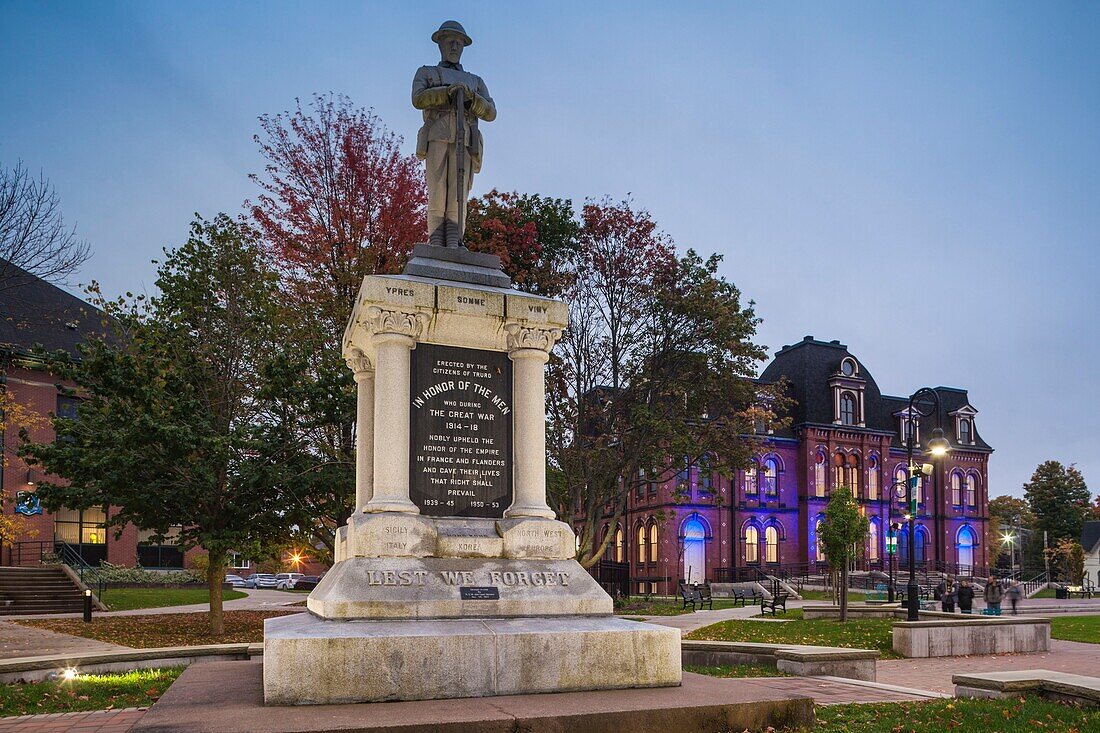 Canada, Nova Scotia, Truro, Truro Library and War Memorial Monument, dusk