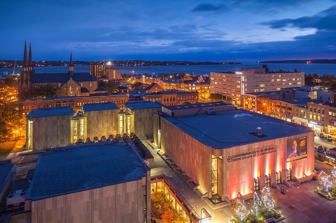 Canada, Prince Edward Island, Charlottetown, elevated view of commercial business district, dusk