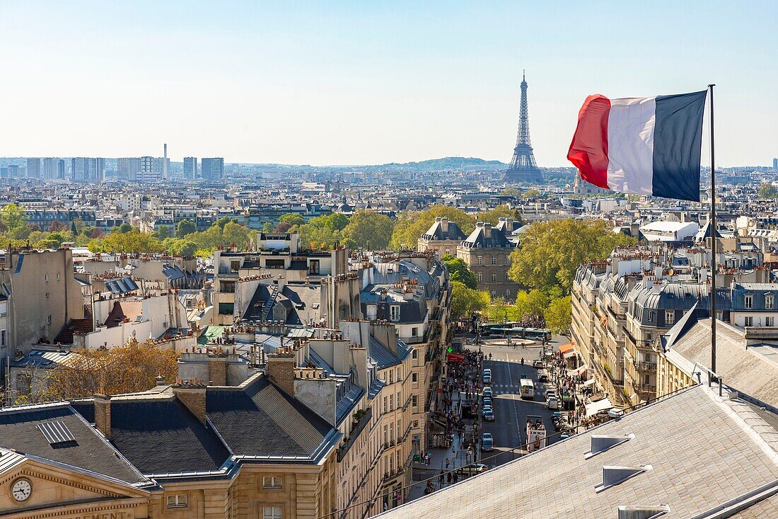 France, Paris, Latin Quarter, Pantheon (1790) neoclassical style, rooftops and Eiffel Tower