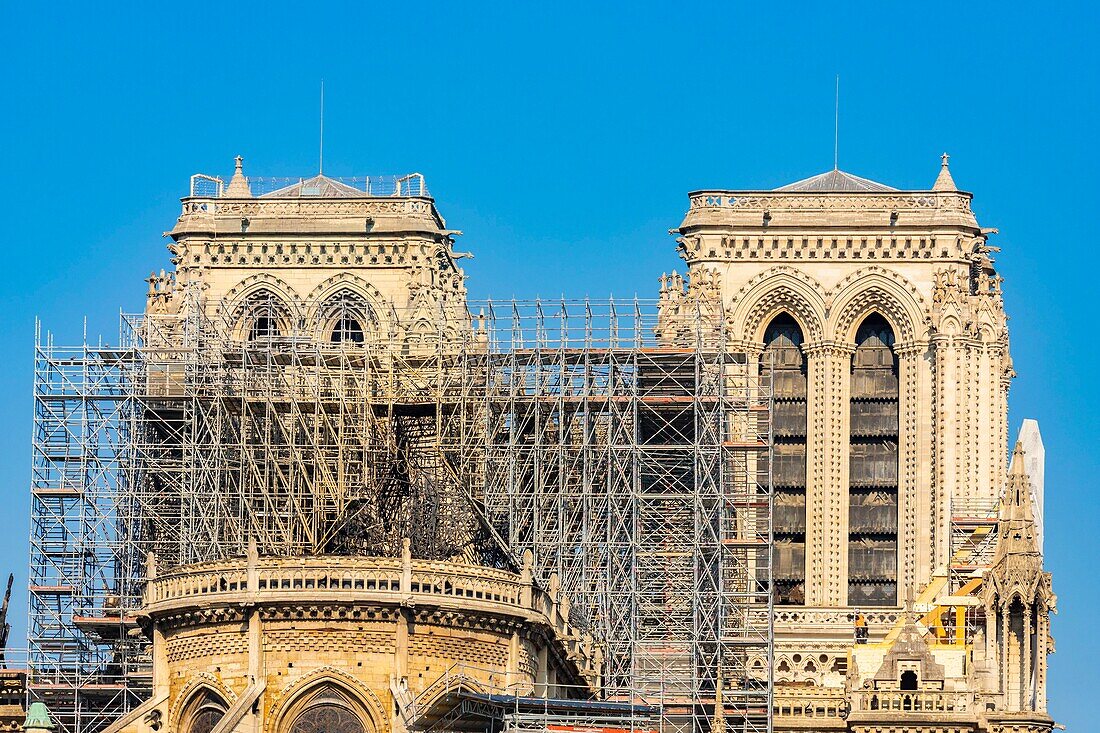 France, Paris, area listed as World heritage by UNESCO, Ile de la Cite, Notre Dame Cathedral, scaffolding, protection after the fire