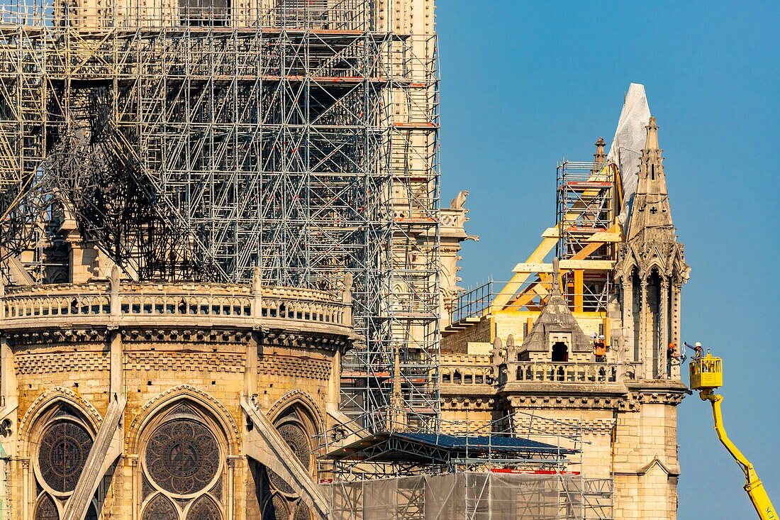 Frankreich, Paris, UNESCO-Welterbe, Ile de la Cite, Kathedrale Notre Dame, Baugerüst, Schutz nach dem Brand