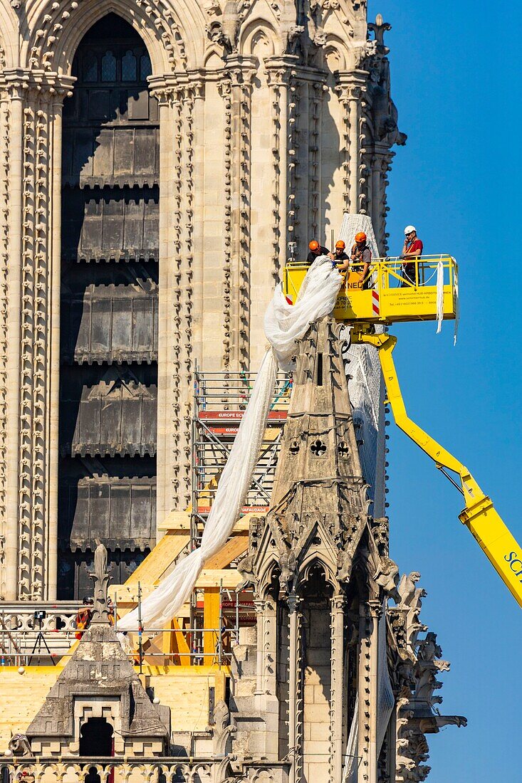 Frankreich, Paris, UNESCO-Welterbe, Ile de la Cite, Kathedrale Notre Dame, Baugerüst, Schutz nach dem Brand