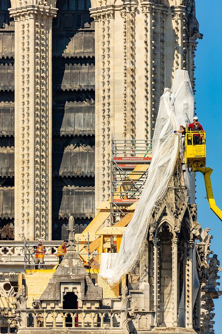 Frankreich, Paris, UNESCO-Welterbe, Ile de la Cite, Kathedrale Notre Dame, Baugerüst, Schutz nach dem Brand