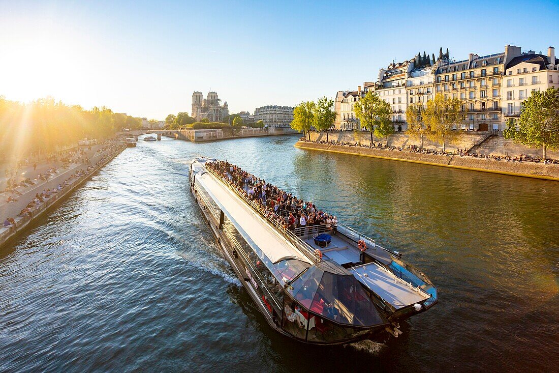 Frankreich, Paris, UNESCO-Welterbegebiet, Ile de la Cite, Kathedrale Notre Dame und ein Flugboot bei Sonnenuntergang