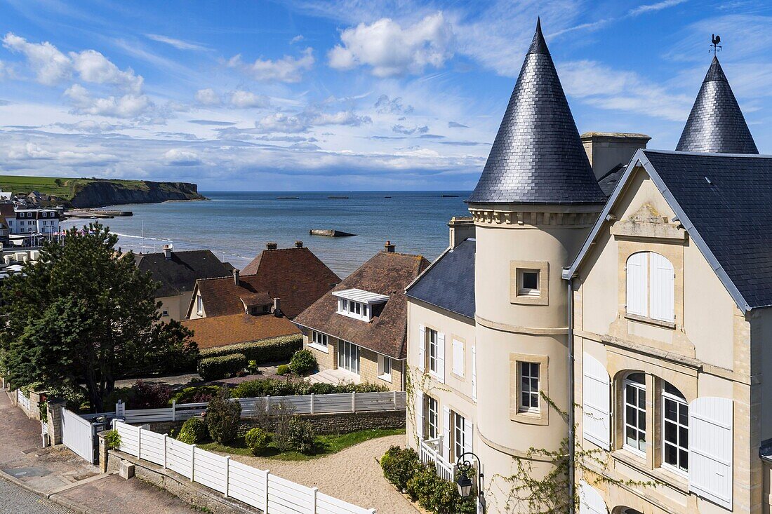 France, Calvados, Arromanches les Bains, street leading on the cliffs