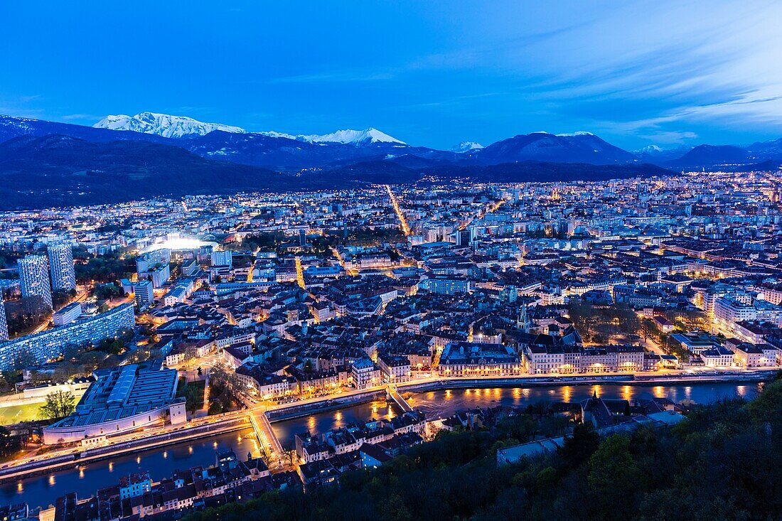 France, Isère , Grenoble, panorama from the Bastille fort, view of the Saint-Andre collegiate church and the Belledonne chain