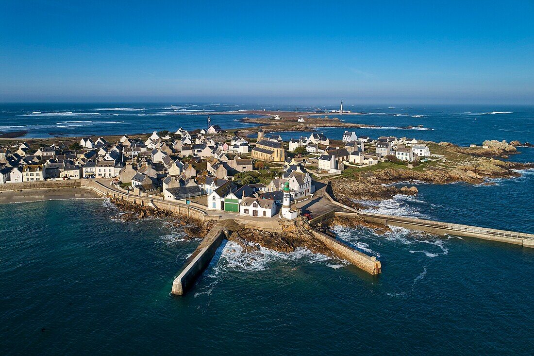 France, Finistere, Iroise Sea, Iles du Ponant, Parc Naturel Regional d'Armorique (Armorica Regional Natural Park), Ile de Sein, labelled Les Plus Beaux de France (The Most Beautiful Village of France), the village (aerial view)