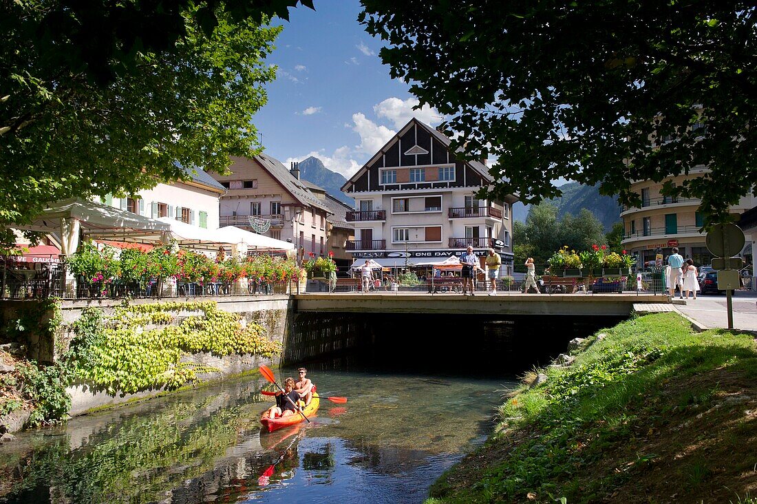 France, Isere, massif of Oisans, Bourg d'Oisans, the main street and the river bank