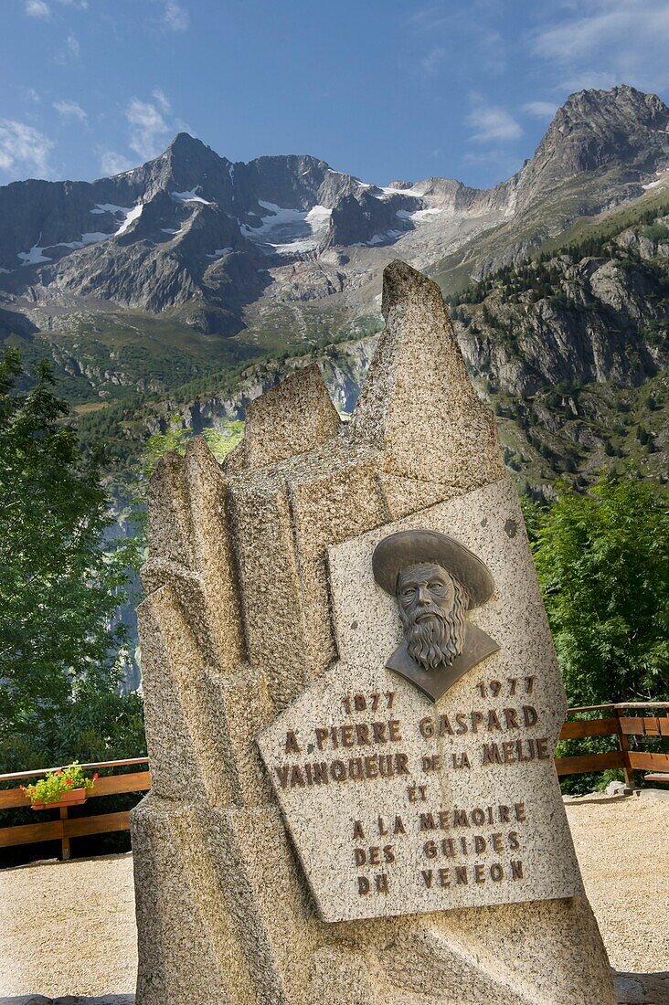 France, Isere, massif of Oisans, National Park, Saint Christophe en Oisans, in the cemetery the stele of Pierre Gaspard winner of the Meije