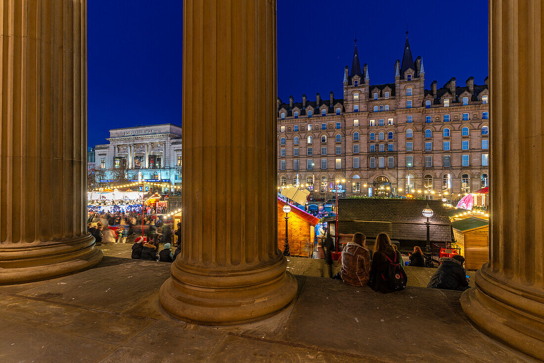 View of Christmas Market from St. Georges Hall, Liverpool City Centre, Liverpool, Merseyside, England, United Kingdom, Europe