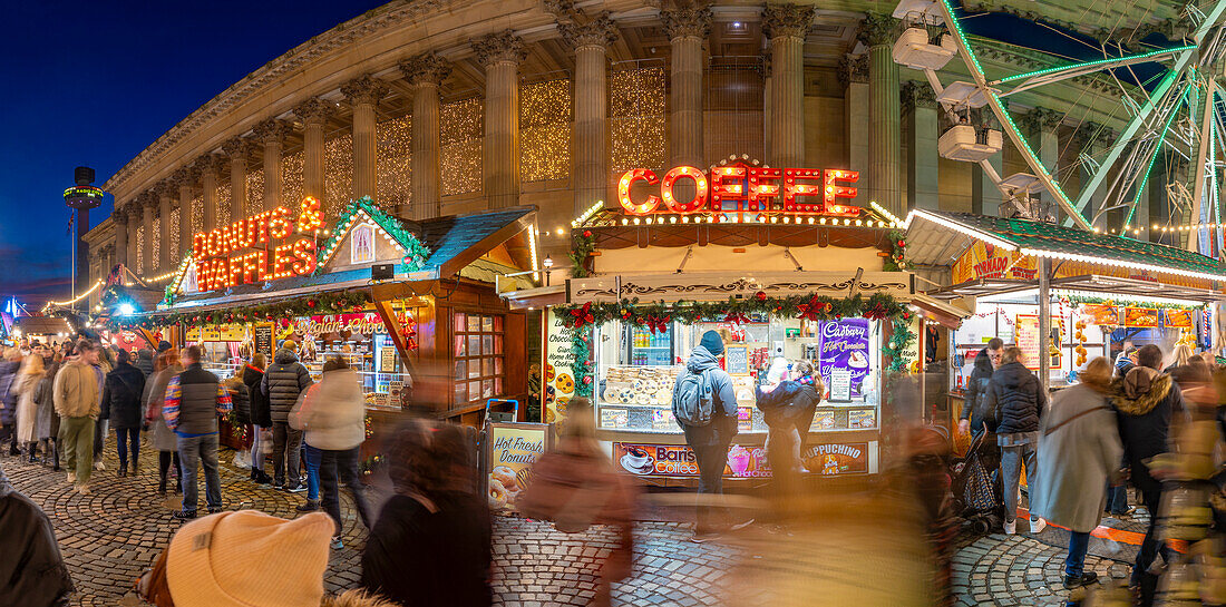 View of Christmas Market and St. Georges Hall, Liverpool City Centre, Liverpool, Merseyside, England, United Kingdom, Europe