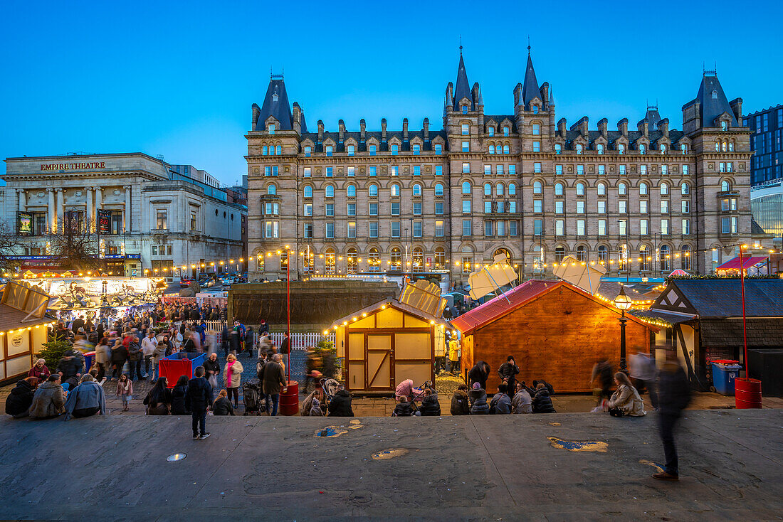 View of Christmas Market from St. Georges Hall, Liverpool City Centre, Liverpool, Merseyside, England, United Kingdom, Europe