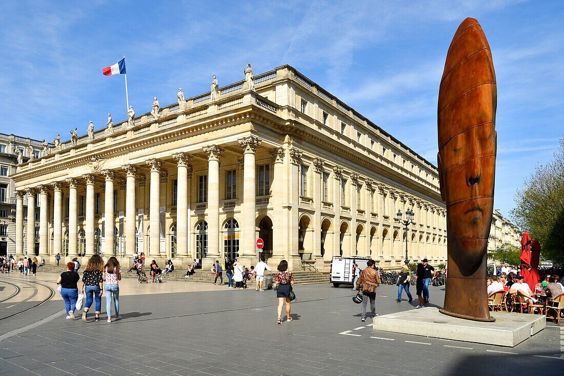 France, Gironde, Bordeaux, area classified as World Heritage, le Triangle d'Or, Quinconces district, Place de la Comédie, Sanna, the statue of Jaume Plensa and the National Opera of Bordeaux or Grand Theatre, built by the architect Victor Louis from 1773 to 1780