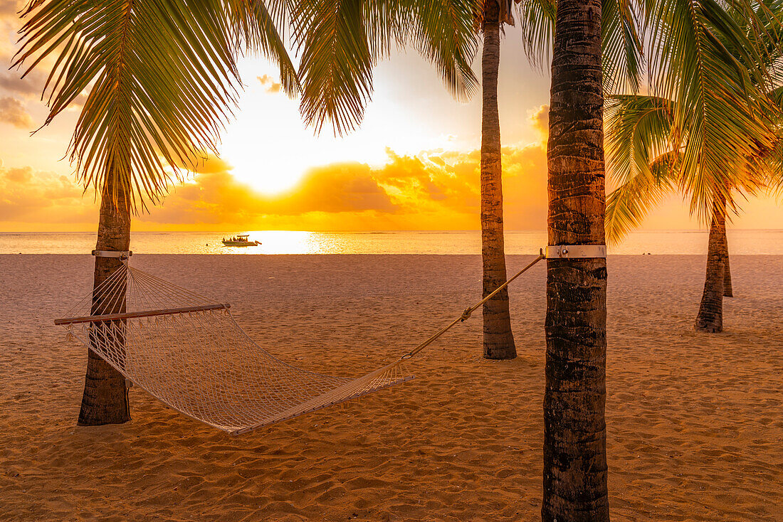 View of Le Morne Public Beach at sunset, Le Morne, Riviere Noire District, Mauritius, Indian Ocean, Africa