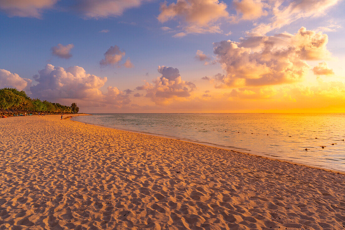 View of Le Morne Public Beach at sunset, Le Morne, Riviere Noire District, Mauritius, Indian Ocean, Africa