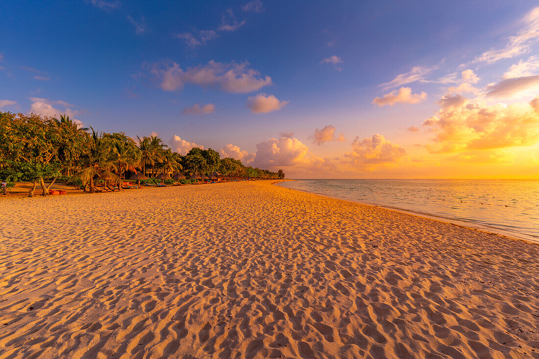 View of Le Morne Public Beach at sunset, Le Morne, Riviere Noire District, Mauritius, Indian Ocean, Africa