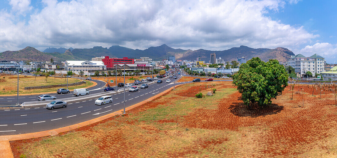 View of city skyline and mountainous backdrop of Port Louis, Port Louis, Mauritius, Indian Ocean, Africa