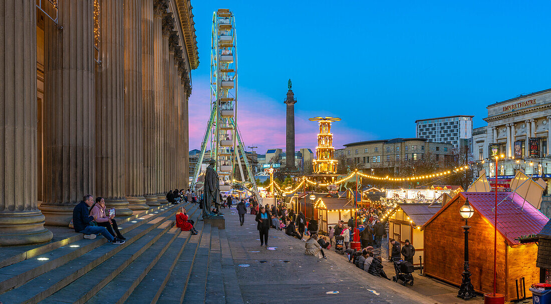 View of ferris wheel and Christmas Market from St. Georges Hall, Liverpool City Centre, Liverpool, Merseyside, England, United Kingdom, Europe