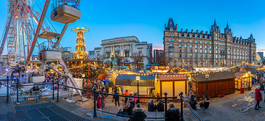 View of ferris wheel and Christmas Market from St. Georges Hall, Liverpool City Centre, Liverpool, Merseyside, England, United Kingdom, Europe