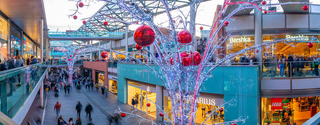 View of shops and Christmas lights, Liverpool City Centre, Liverpool, Merseyside, England, United Kingdom, Europe