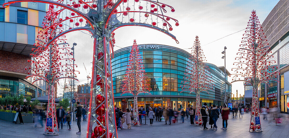 View of shops and Christmas lights, Liverpool City Centre, Liverpool, Merseyside, England, United Kingdom, Europe