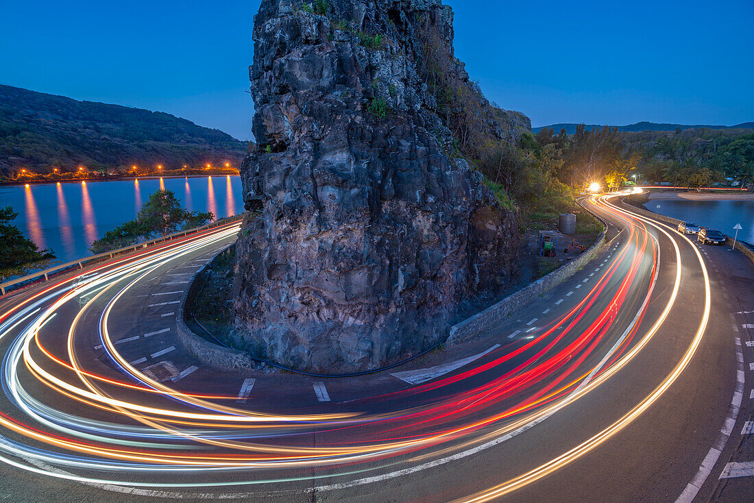 View of trail lights at Baie du Cap from Maconde Viewpoint at dusk, Savanne District, Mauritius, Indian Ocean, Africa