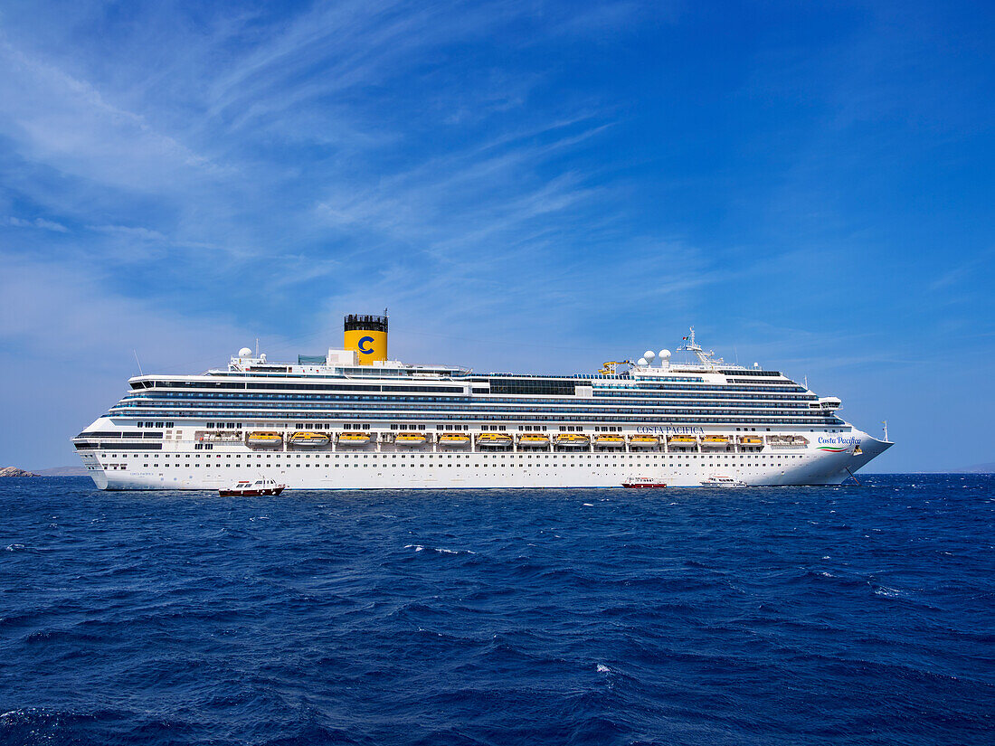 Cruise Ship off the coast of Mykonos Island, Cyclades, Greek Islands, Greece, Europe