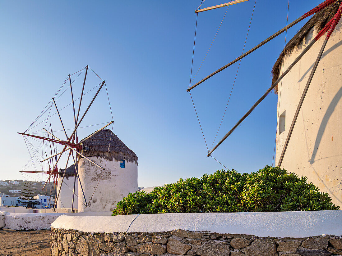 Chora Windmills at sunrise, Mykonos Town, Mykonos Island, Cyclades, Greek Islands, Greece, Europe