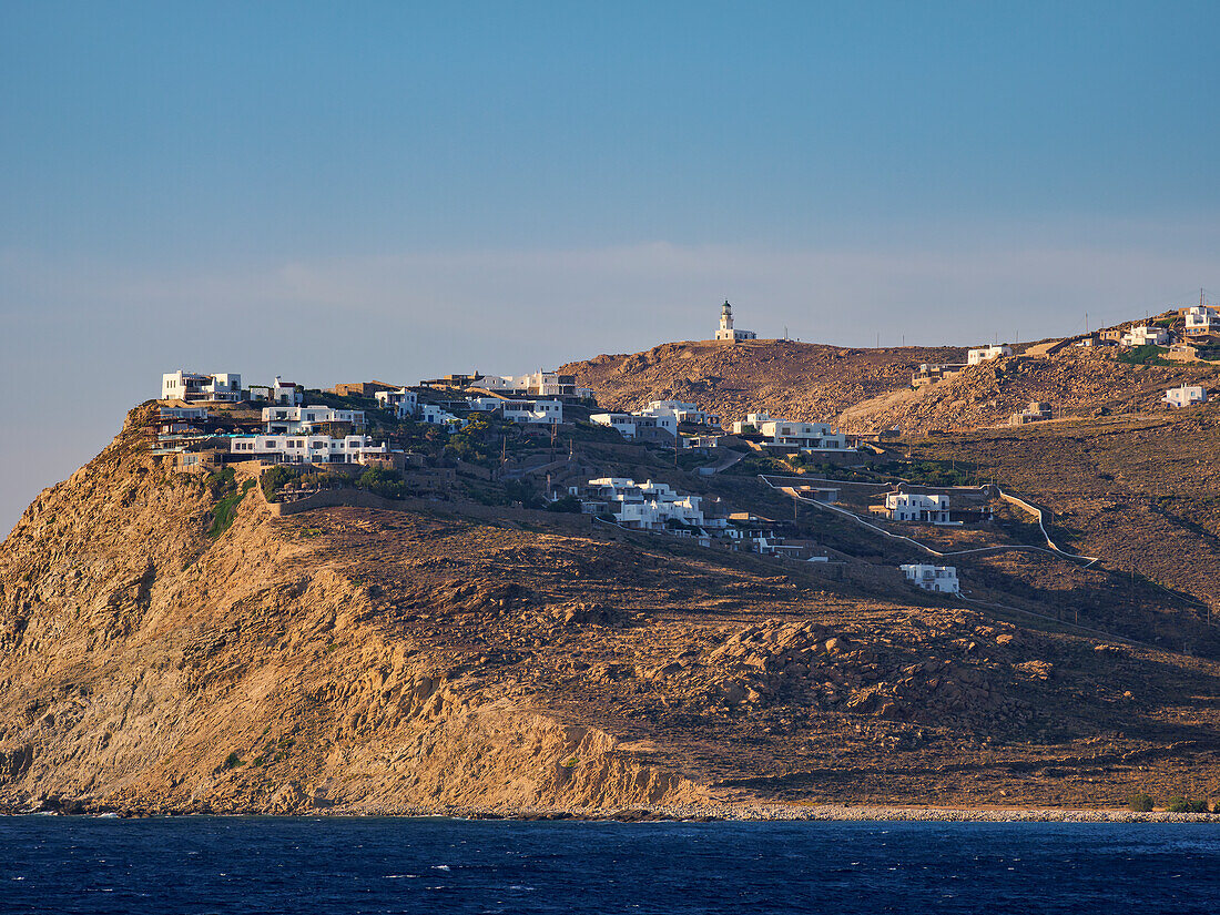 View towards the Armenistis Lighthouse, Mykonos Island, Cyclades, Greek Islands, Greece, Europe