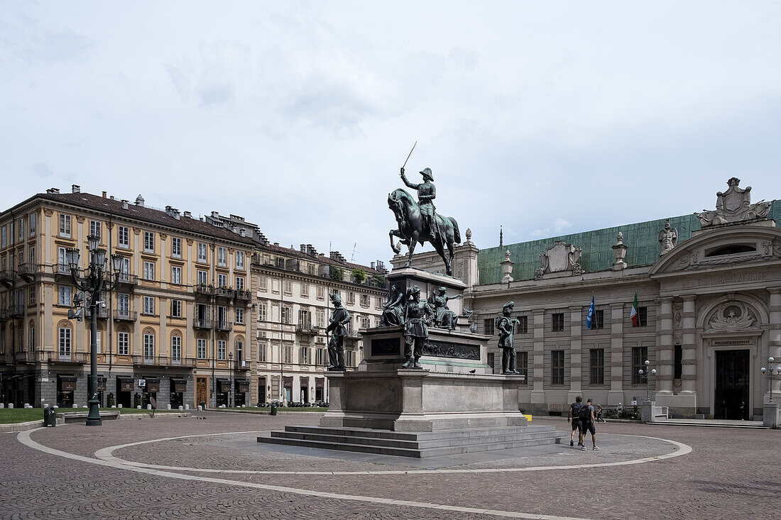View of the Monument to Carlo Alberto located at the Piazza Carlo Alberto with the National University Library of Turin (BNUTO ) in the background, Turin, Piedmont, Italy, Europe