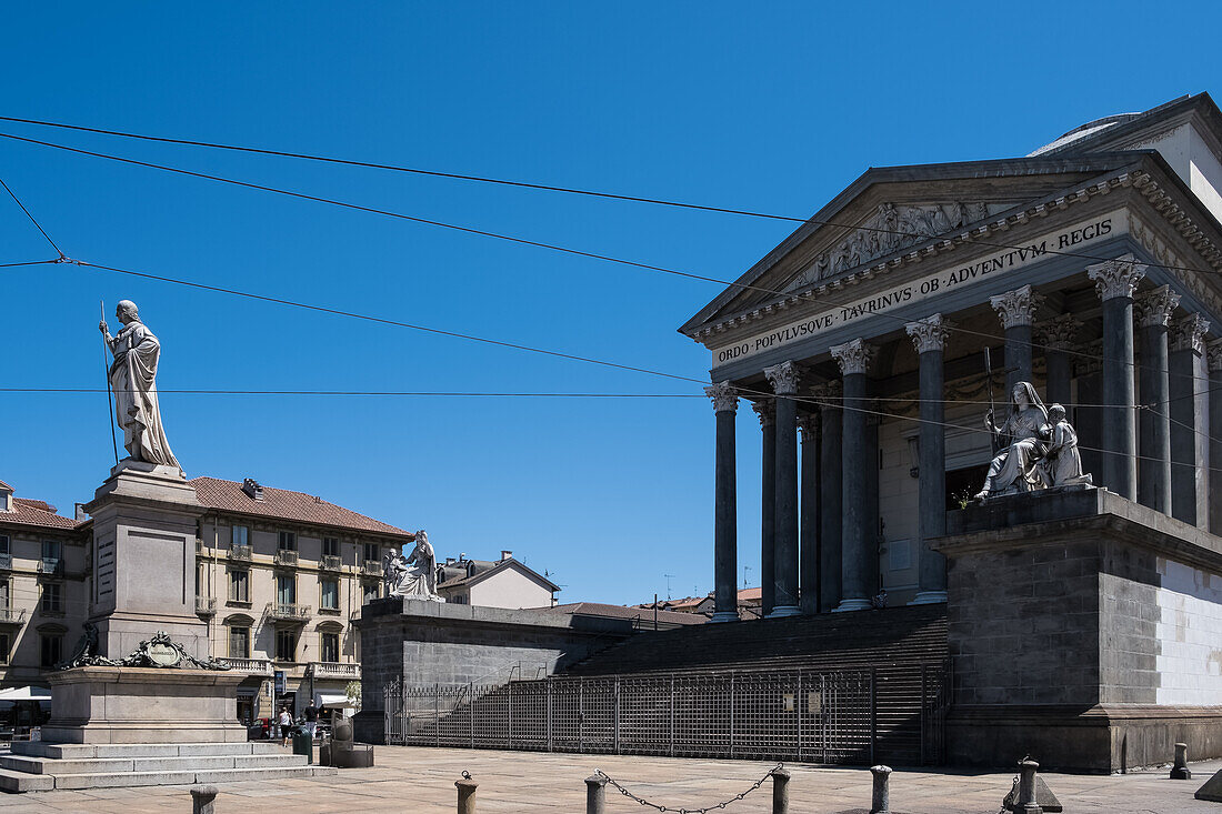 View of the Neoclassic-style Church of the Gran Madre di Dio (Great Mother of God), dedicated to Mary, on the western bank of the Po River, facing the Ponte Vittorio Emanuele I, Turin, Piedmont, Italy, Europe