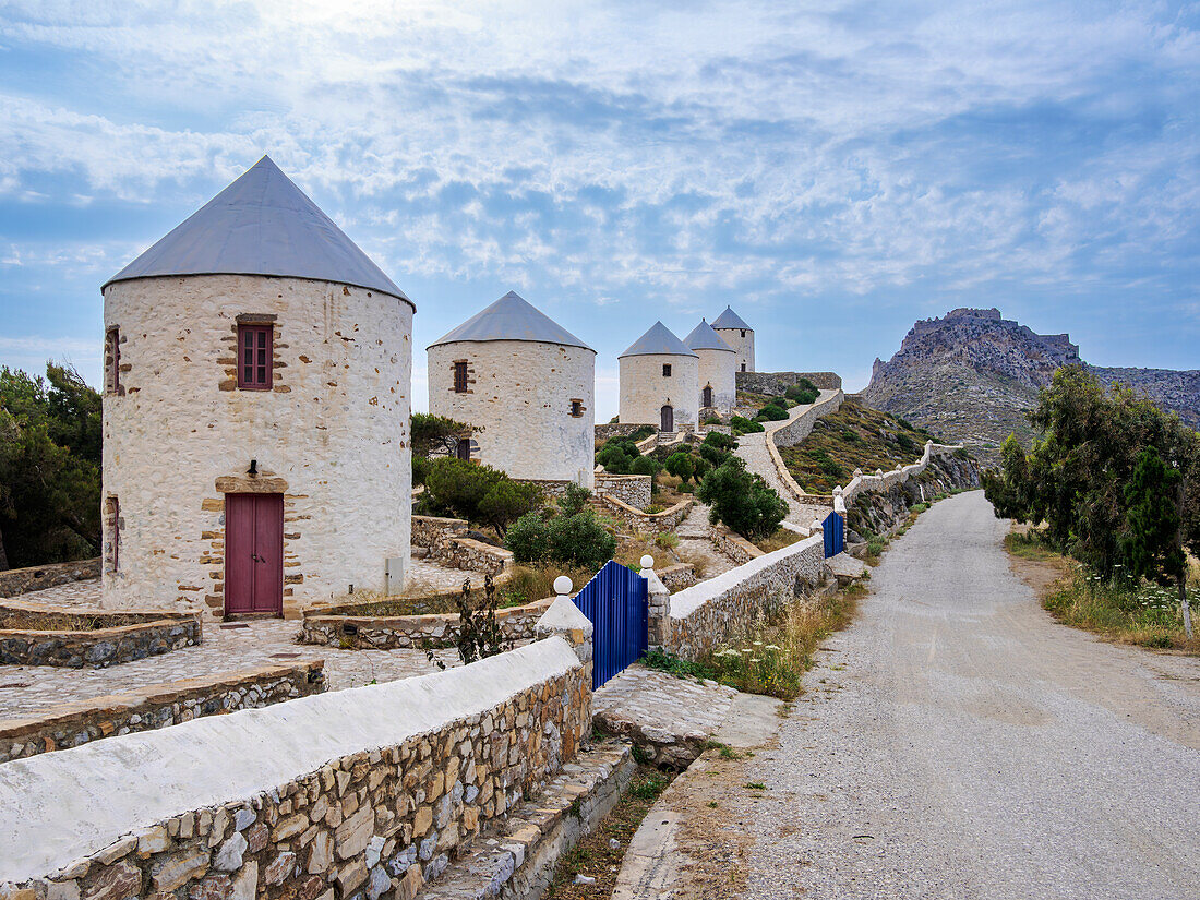 Windmühlen von Pandeli, Insel Leros, Dodekanes, Griechische Inseln, Griechenland, Europa