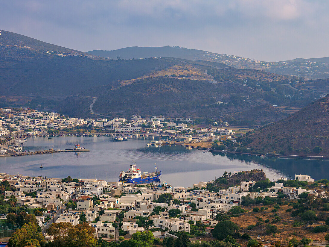 Skala Port, elevated view, Patmos Island, Dodecanese, Greek Islands, Greece, Europe