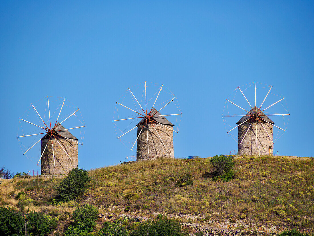 Windmills of Patmos Chora, Patmos Island, Dodecanese, Greek Islands, Greece, Europe