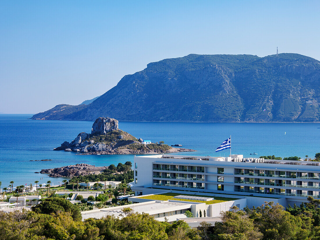 Blick auf die Insel Kastri, Kamari-Bucht, Insel Kos, Dodekanes, Griechische Inseln, Griechenland, Europa