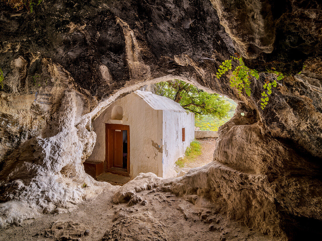 Chapel of Panagia Sarantaskaliotissa at the entrance to The Cave of Pythagoras, Mount Kerkis, Samos Island, North Aegean, Greek Islands, Greece, Europe