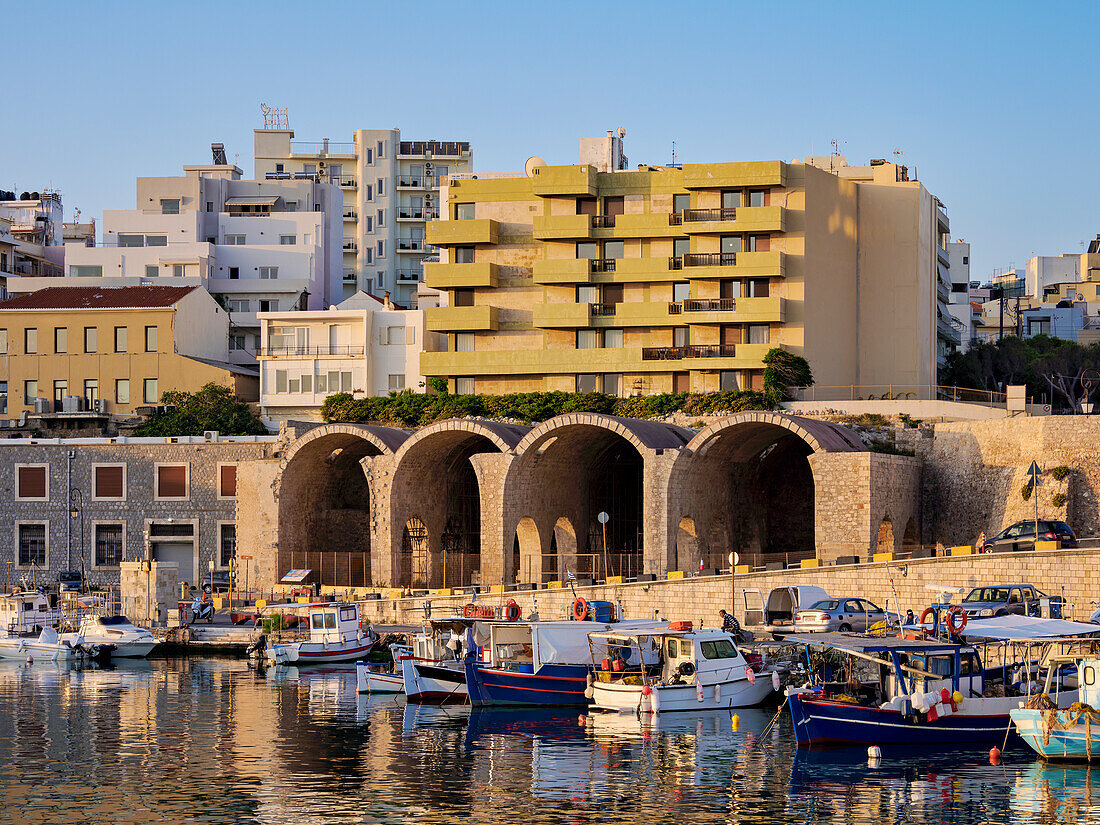 Venetian Dockyards at the Old Port, sunrise, City of Heraklion, Crete, Greek Islands, Greece, Europe