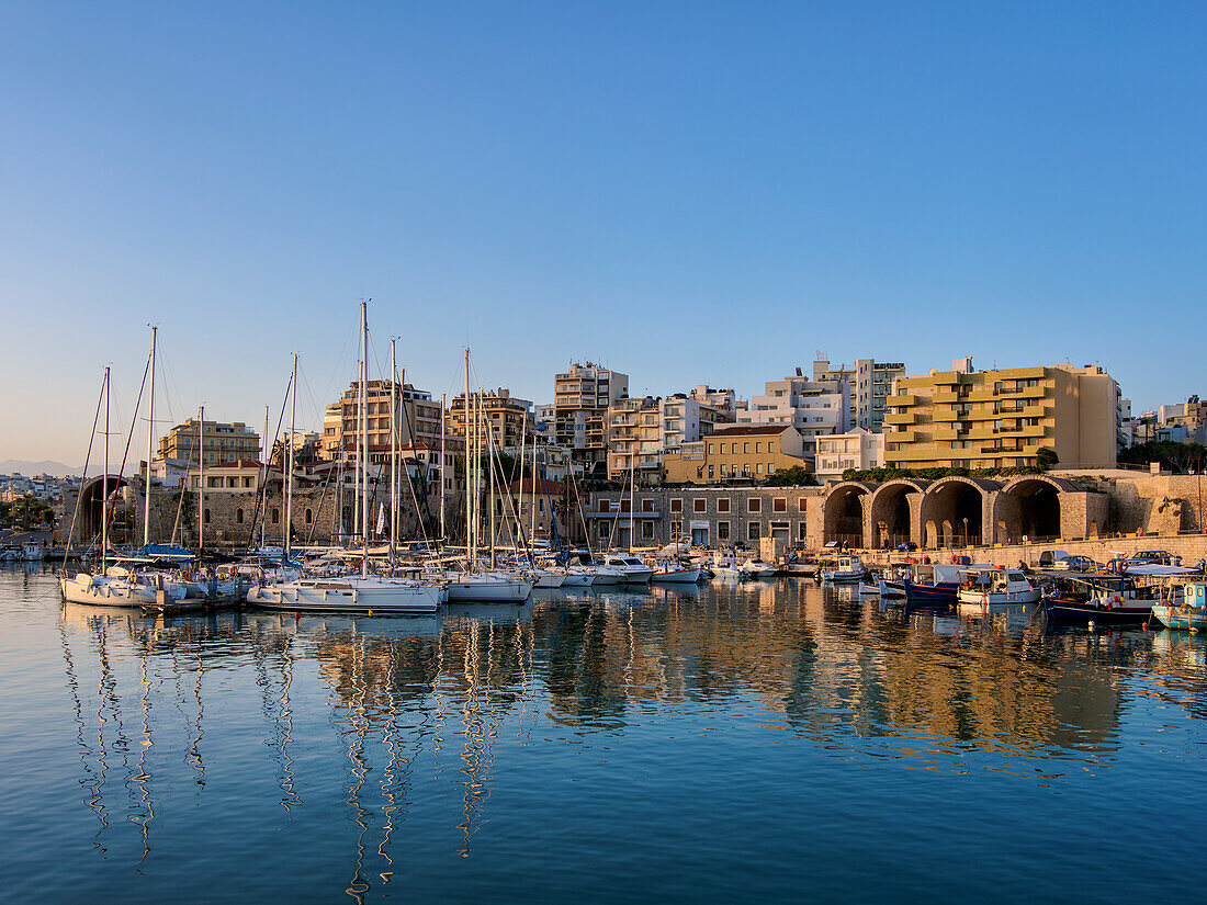 Venetian Dockyards at the Old Port, sunrise, City of Heraklion, Crete, Greek Islands, Greece, Europe