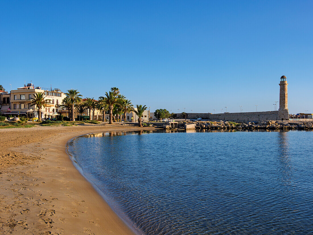 View over Rethymnon Beach towards the Old Lighthouse, City of Rethymno, Rethymno Region, Crete, Greek Islands, Greece, Europe