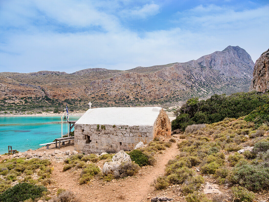 Allerheiligenkapelle am Kap Tigani, Lagune von Balos, Halbinsel Gramvousa, Region Chania, Kreta, Griechische Inseln, Griechenland, Europa