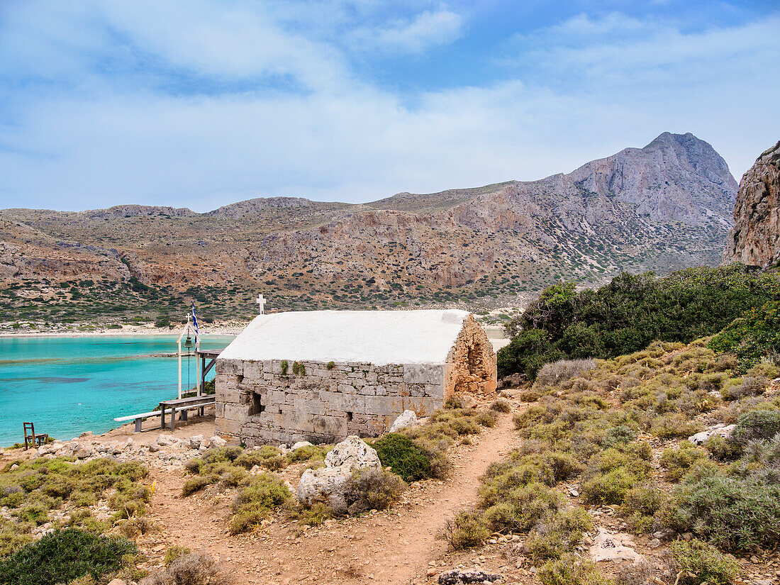 Chapel of All Saints at Cape Tigani, Balos Lagoon, Gramvousa Peninsula, Chania Region, Crete, Greek Islands, Greece, Europe