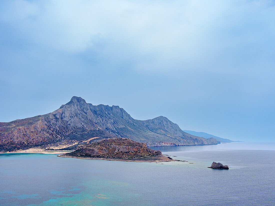 View towards the Balos Lagoon, Gramvousa Peninsula, Chania Region, Crete, Greek Islands, Greece, Europe