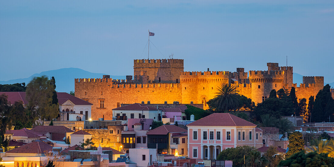 Palace of the Grand Master of the Knights of Rhodes at dusk, UNESCO World Heritage Site, Medieval Old Town, Rhodes City, Rhodes Island, Dodecanese, Greek Islands, Greece, Europe