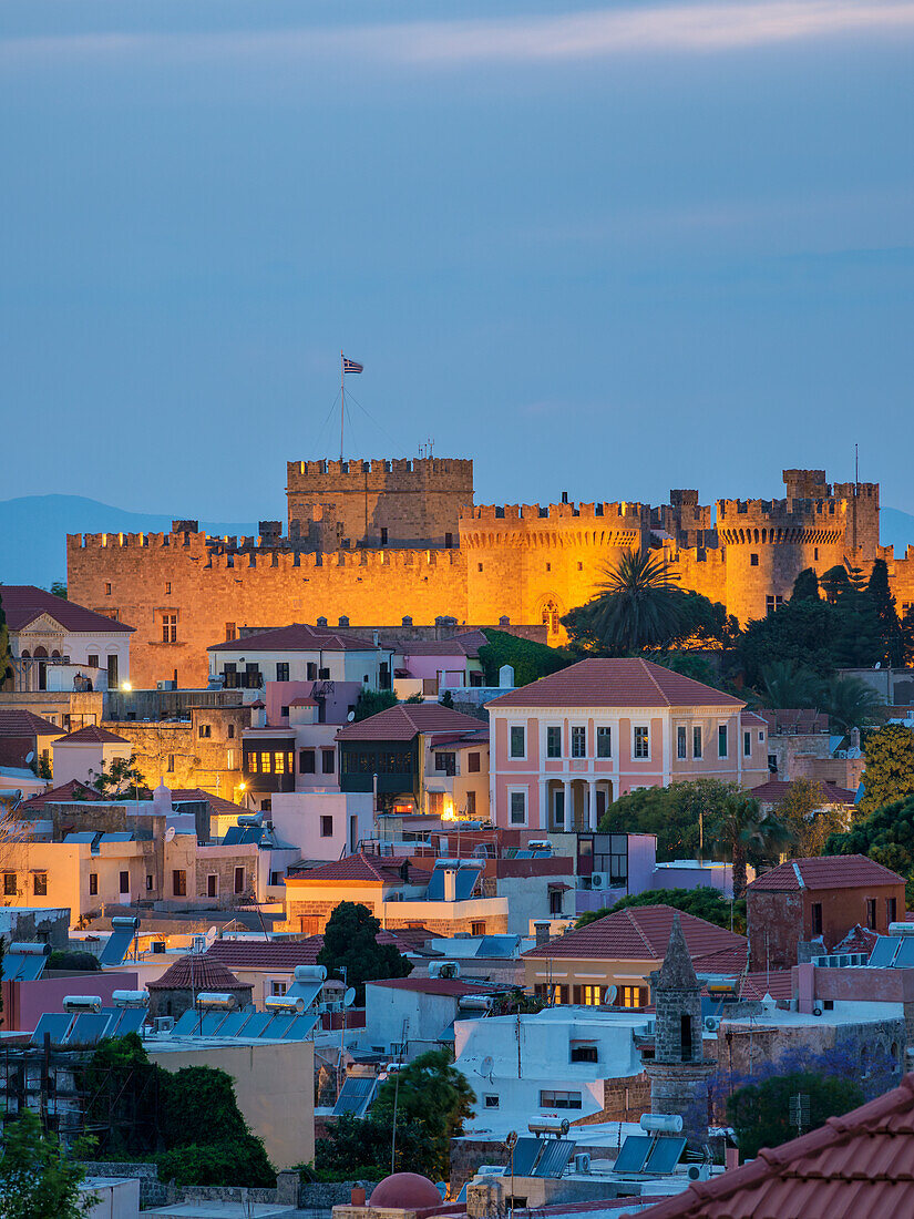 Palace of the Grand Master of the Knights of Rhodes at dusk, UNESCO World Heritage Site, Medieval Old Town, Rhodes City, Rhodes Island, Dodecanese, Greek Islands, Greece, Europe