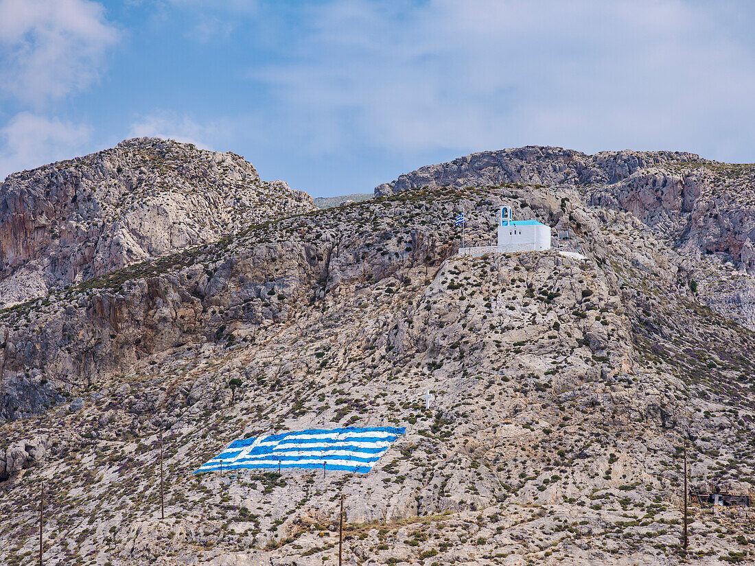 Church of the Resurrection and the Greek Flag, Pothia (Kalymnos Town), Kalymnos Island, Dodecanese, Greek Islands, Greece, Europe