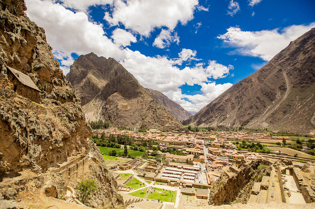 High view of Ollantaytambo, Peru, South America