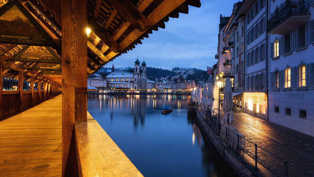 Jesuit Church taken from the Chapel Bridge, Lucerne, Switzerland, Europe