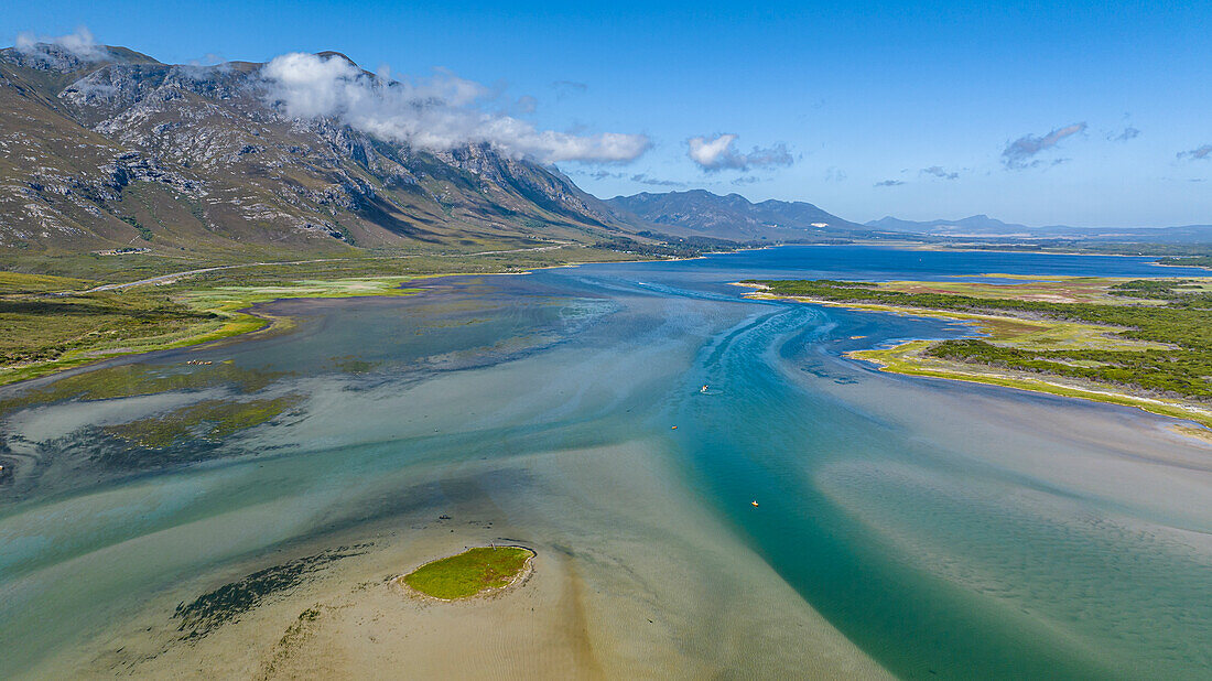 Aerial of the Klein River Lagoon, Hermanus, Western Cape Province, South Africa, Africa